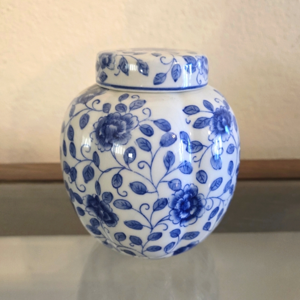 Vintage Andrea by Sadek blue and white porclain lidded tea jar